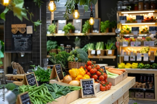 Counter with fresh vegetables and a sign of local products 