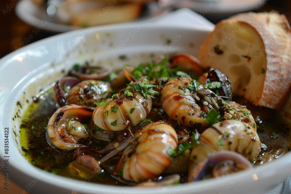 Succulent escargot in a savory herb butter sauce served with a side of crusty bread Succulent escargot in a savory herb butter sauce served with a side of crusty bread