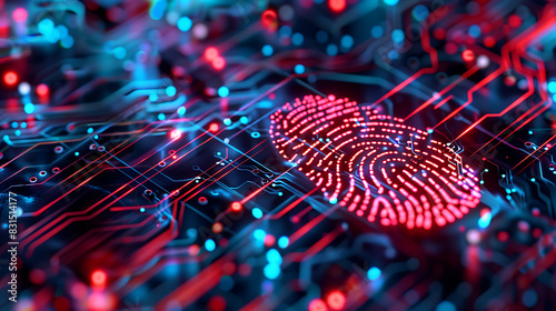 a close-up view of a circuit board with a digital fingerprint overlay. The combination of intricate circuit patterns and glowing red and blue lights suggests themes related to cybersecurity photo