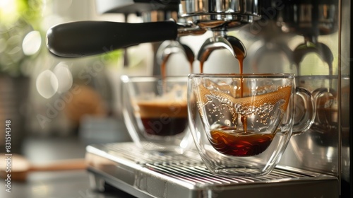 A home espresso machine brewing a fresh dual shot of espresso into clear mugs