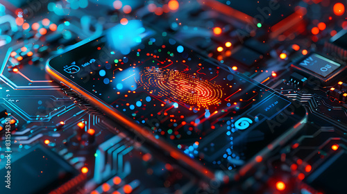 a close-up of a smartphone placed on top of what seems to be a circuit board. The most prominent feature in the image is a glowing fingerprint on the smartphone’s screen