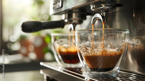 A home espresso machine brewing a fresh dual shot of espresso into clear mugs