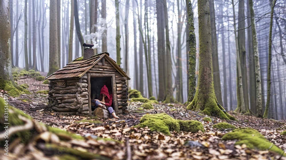 A cozy cabin nestled amidst a lush forest, adorned with moss on the floor and a figure framed in its entrance A cozy cabin nestled amidst a lush forest, adorned with moss on the floor and a figure framed in its entrance