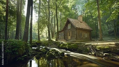   A log cabin nestled amidst a forest stream © Anna