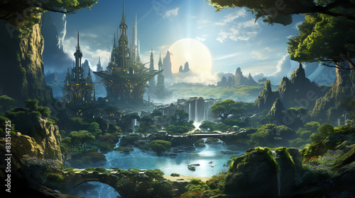 A  fantasy landscape with waterfalls, a river, and a castle in the distance. The sky is blue and the sun is shining. © Awais
