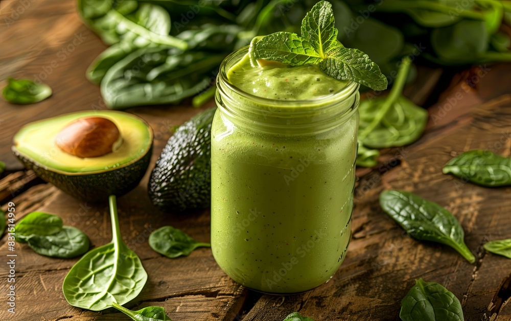 Fresh Avocado and Spinach Smoothie in Mason Jar on Rustic Table Fresh Avocado and Spinach Smoothie in Mason Jar on Rustic Table