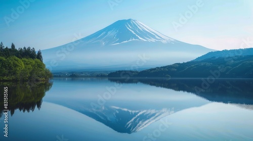 A serene mountain reflected perfectly in a blue lake