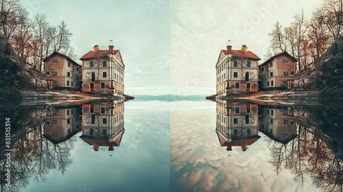   Two identical photos of a house beside a water body with trees in the foreground and a cloudy backdrop