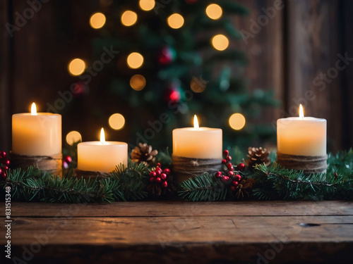 Rustic holiday table mockup  wood table  tree  ornaments  candles  twinkling lights.