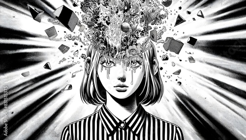 Detached expression women black and white manga, mind filled with a chaotic mixture of disjointed elements, distorted perspectives, and melting forms. A sense of mental confusion, depression, anxiety photo