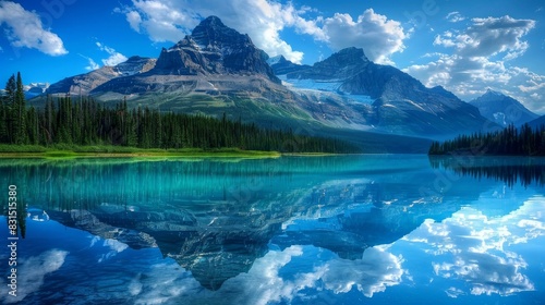 A serene mountain reflected perfectly in a blue lake