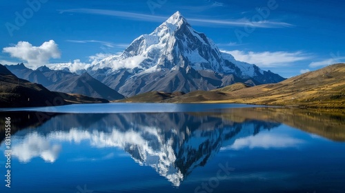 A serene mountain reflected perfectly in a blue lake