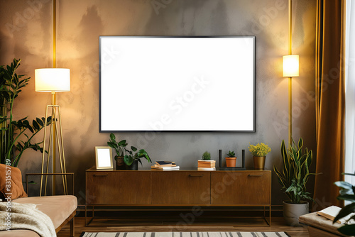 Modern living room with wooden TV stand  plants  minimalist decor and blank screen on wall. Background with copy space. Mockup