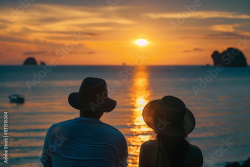 Romantic Couple Enjoy Sunset at Pak Meng Beach, Trang Thailand