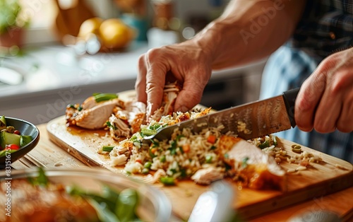 Enthusiastic Home Cook Chopping Leftover Ingredients on a Wooden Cutting Board in a Bright Kitchen