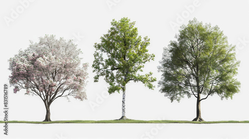 Different species of trees detailed photorealistic spring, turnaround page white background --ar 16:9 Job ID: b681a355-b122-4d86-b105-0af42d91ec27 photo