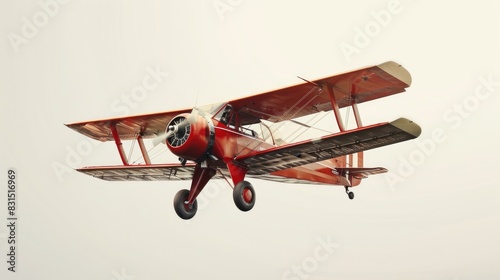 Old fashioned vintage airplane flying alone against a plain white backdrop without any people