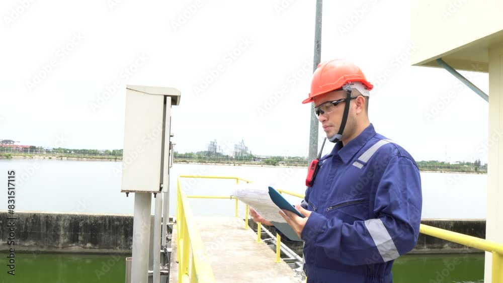 Service engineer checking on waste water treatment plant,Environmental engineers inspect quality at water plants,Technicians work at a water station to produce tap water.