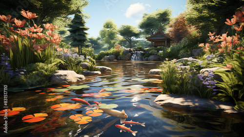 A pond with red and white koi fish, with a small waterfall and a pagoda in the background.