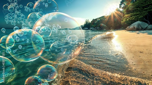   A group of soap bubbles bobbing in an open space beside the shoreline and swaying with trees in the backdrop photo