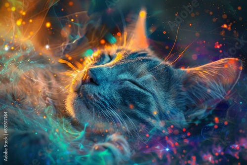 Serene cat sleeps enveloped by a vibrant, cosmic dreamscape with twinkling stars © anatolir