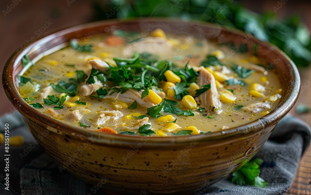 Turkey and Sweet Corn Soup Served in Ceramic Bowl at Dinnertime