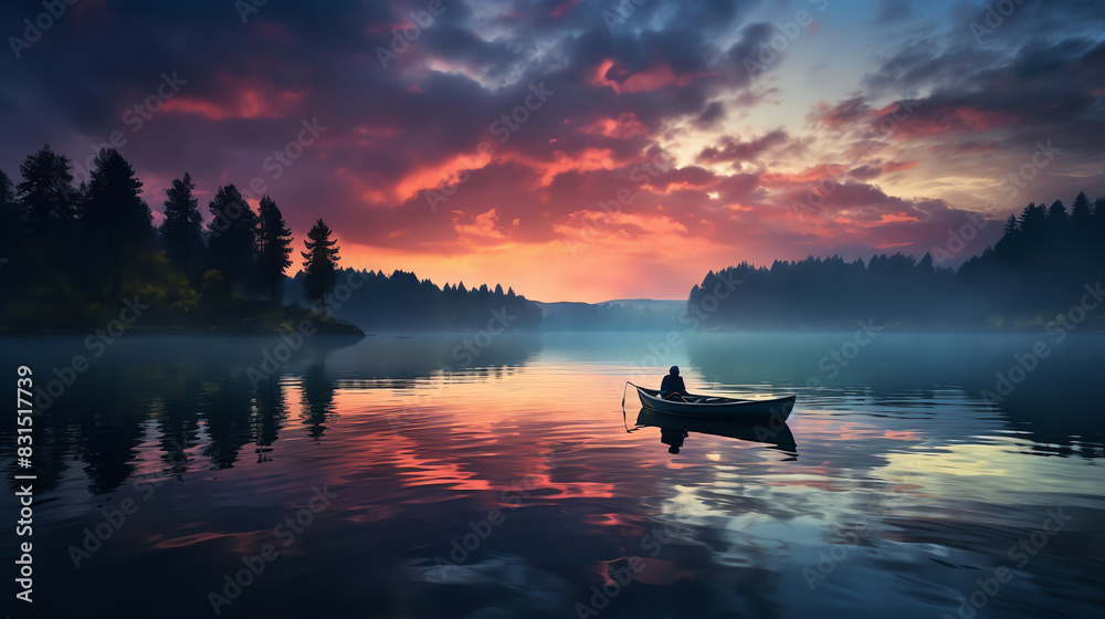 A lone person rows a boat on a misty lake surrounded by dark forest. The sky is a bright orange and yellow.

