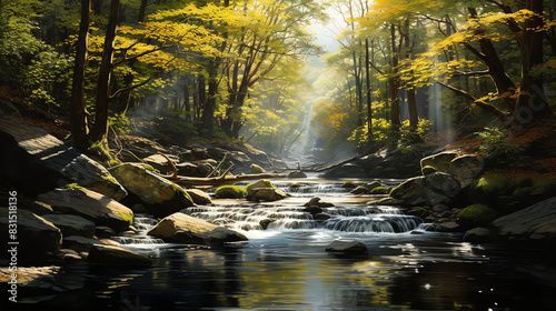 A painting of a creek flowing through a forest. The trees are in full foliage and the sun is shining through the trees.  