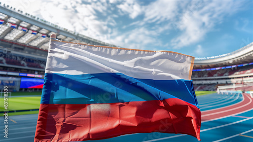 Russian flag on the background of a sports stadium