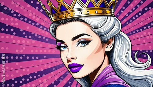Queen, girl with crown and purple lips, pop art