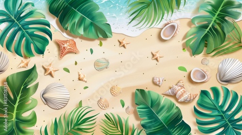 A vector illustration featuring a flat lay of tropical leaves and seashells scattered across beach sand, creating a summery and exotic atmosphere. photo