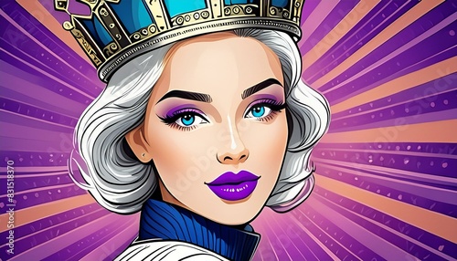 Queen, girl with crown and purple lips, pop art