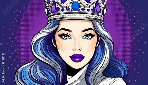 Queen, girl with crown and purple lips, pop art