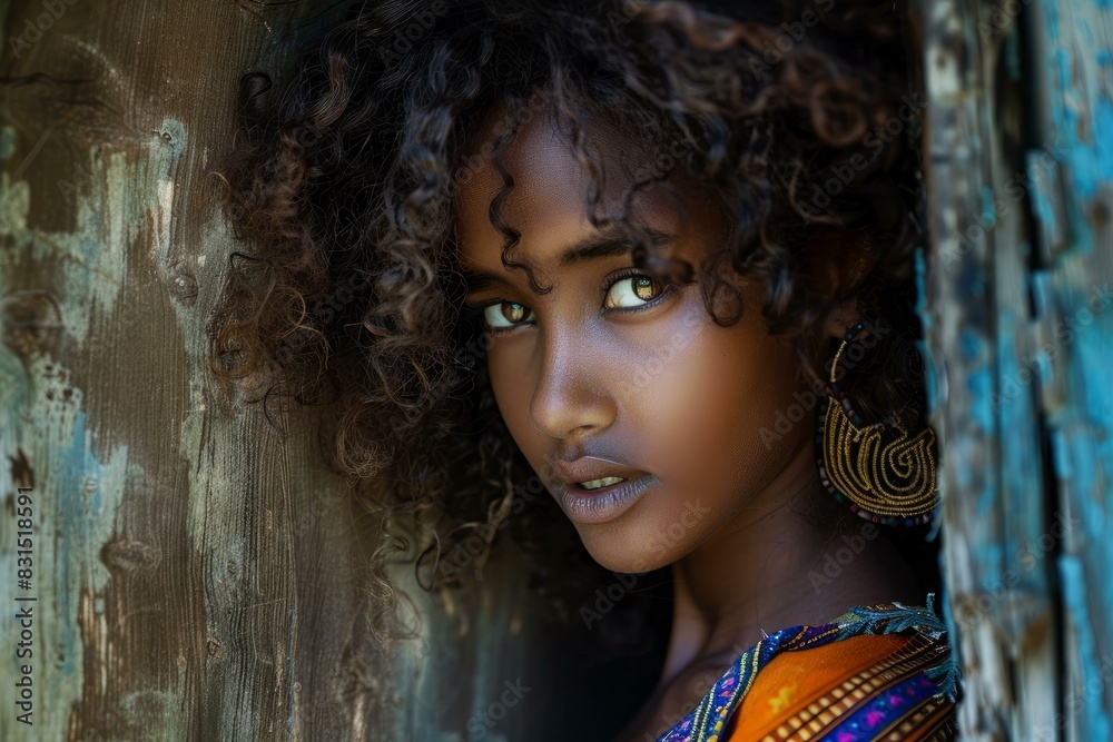 Evocative closeup of a woman with captivating eyes and curly hair, set against a rustic backdrop Evocative closeup of a woman with captivating eyes and curly hair, set against a rustic backdrop