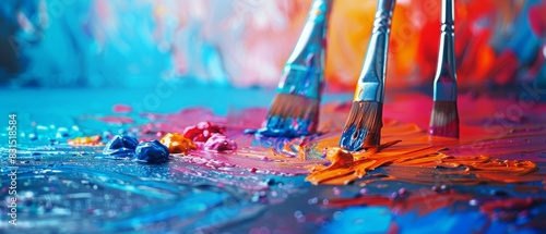 Close-up of paintbrushes with vibrant colors on a palette. Perfect for artistic and creative themes.