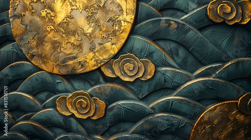 Volumetric traditional Japanese patterns  ornaments with gold elements and flowers.