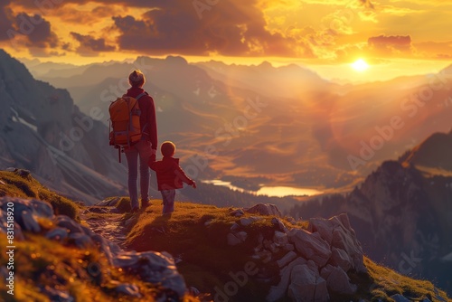 Mountains Sunset Panorama: Mother and Son Travel