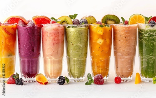 Colorful Assortment of Fresh Fruit Smoothies on a White Background