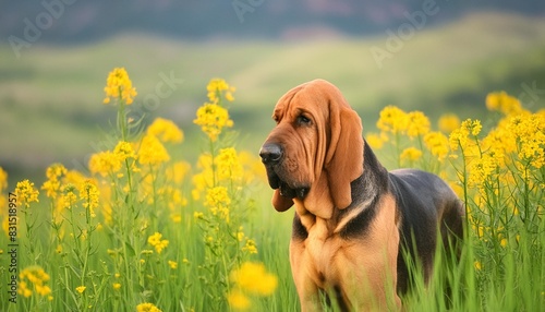 a bloodhound standing in a tall grassy field with yellow wildflowers photo