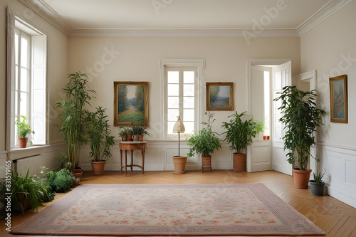 An empty livingroom with plants windows carpet Augmented reality mockup pattern frame