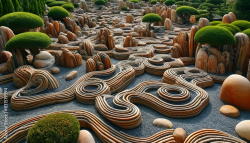 Intricate Zen Garden with Sculpted Sand Patterns and Greenery