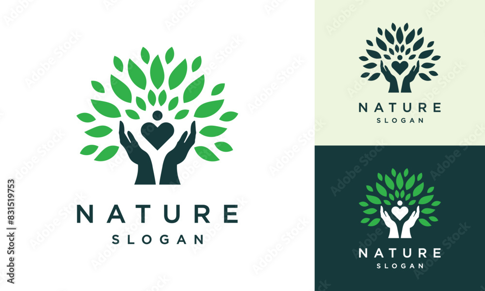 Nature hand logo design template. Leaf and hand nature logo design