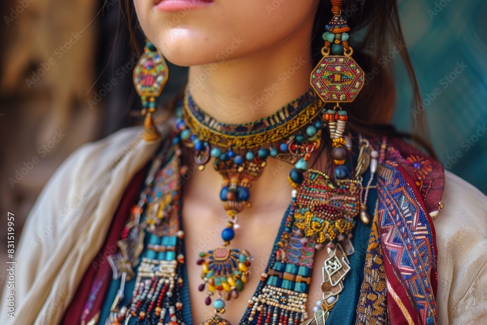Closeup of a woman adorned with colorful ethnic beaded jewelry and accessories