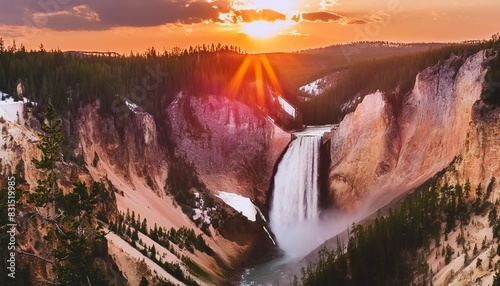 lower falls of the yellowstone national park at sunset wyoming usa photo