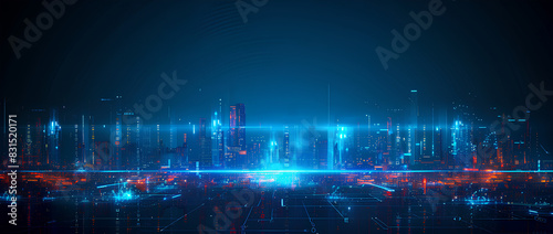 Vector illustration urban architecture, cityscape with space and neon light effect. Modern hi-tech, science, futuristic technology concept. Abstract digital high tech city design for banner background