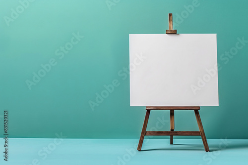 Empty white canvas on a wooden easel against a vibrant teal backdrop, ideal for art mockups and creative presentations