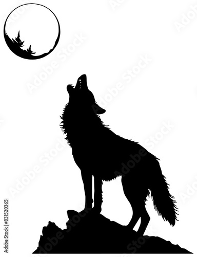 Silhouette of a wolf howling at the moon, isolated 