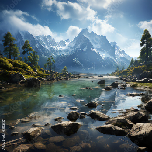 A river flowing through a valley with snow-capped mountains in the distance.