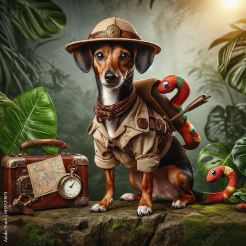 a brown rat terrier dressed as a jungle explorer, digital art
