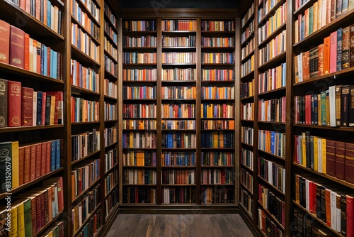 An inviting old fashioned library with colorful books on towering wooden shelves